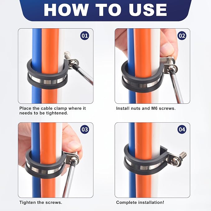 30PCS 1/4 Inch Cable Clamps, 304 Stainless Steel Rubber Coated Cable Clamps, Pipe Clamps