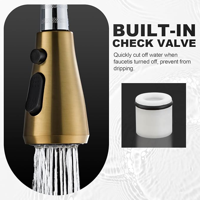 Kitchen Faucet Head Replacement Part, G1/2 (13/16" Male Thread) Pull Down Pull Out Sink Sprayer Nozzle, 3 Functions Stream Spray Pause Faucet Tip, Brushed Gold