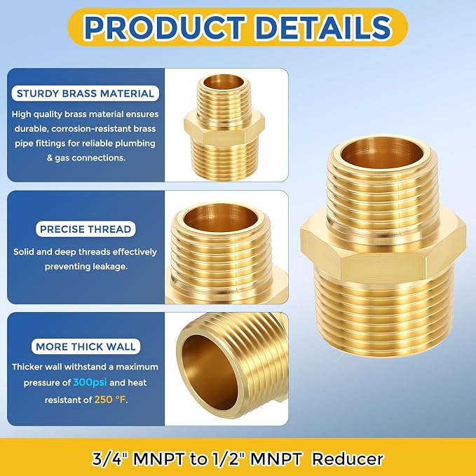 2 Pack Brass Pipe Fittings, 3/4" MNPT to 1/2" Male NPT | Brass Hex Nipple W/ Sealing Tape, Male Pipe Adapter Reducer for Air, Oil, LP, Gas