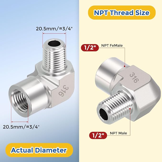 2 Pack SUS316 90 Degree 1/4" FNPT to 1/4" MNPT Barstock Street Elbow | 316 Stainless Steel Pipe Fittings, Forged Pipe Fitting Connector with Sealing Tape for Air, Oil, LP, Gas, Fuel, Water