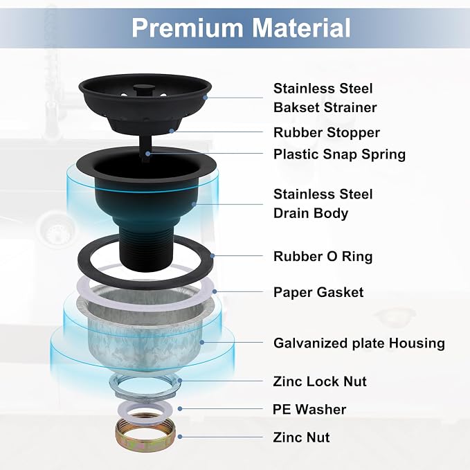 ZM Black Deep Locking Kitchen Sink Basket Strainer with Drain Stopper