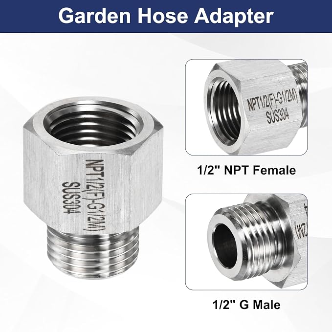M METERXITY 2-Pack Garden Hose Adapter, Stainless Steel 1/2" NPT Female x 1/2" g Male Threaded Connector with Sealing Tape Garden Hose Convert Fitting for Pipe Fitting/Shower