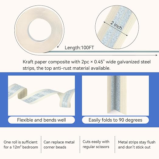 Drywall Corner Tape - Inside Corner Drywall Tape Metal Flex, 2 in. x 65.6 Ft., No Adhesive Side