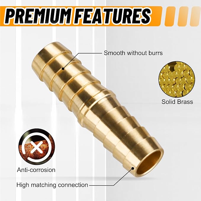 48PCS Brass Hose Barb Splicer Mender Fittings with Pipe Clamp | 1/8" 3/16" 1/4" 5/16" 3/8" 1/2" 5/8" 3/4" Barbed Fitting with 96Pcs Stainless Steel Hose Clamps for Air/Fuel/Water/Oil Hose