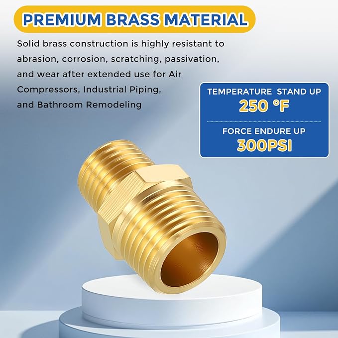 3 Pack Brass Pipe Fittings, 3/8" NPT Male to 1/4" NPT Male | Brass Hex Nipple, Male Pipe Adapter Reducer for Air, Oil, LP