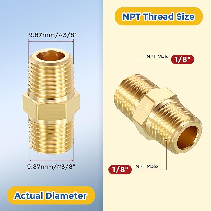 8 Pack Brass Pipe Fittings, 1/8" Male NPT to 1/8" Male NPT | Brass Hex Nipple W/ Sealing Tape, Male Pipe Adapter Reducer for Air, Oil, LP