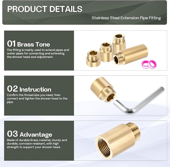 Shower Head Extension Arm, Brass G1/2 Male to Female Thread 60mm/2.36" Length Extender Pipe Fitting Nipple for Showers, Faucets, and Plumbing with PTFE Thread Seal Tape 3 Pack