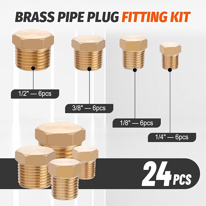 24PCS Brass Pipe Fittings Hex Head Plugs,1/8" 1/4" 3/8" 1/2" NPT | Outer Hex Head Plug Male Threaded Plugs Fitting Assortment Kit