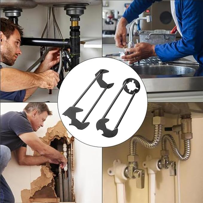 2PCS Multifunctional Sink Wrench Tool, Basin Wrench Sink Faucet Tight Spaces,Faucet Installation Tool for Kitchen Bathroom, Under Basin Pipe & Angle Valve Repair Plumbing Tools (1 PC B)