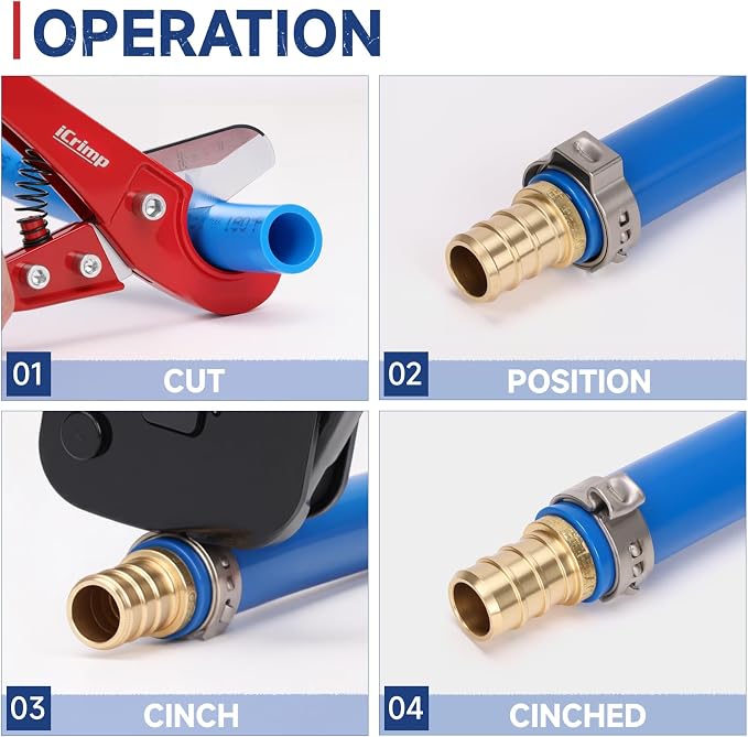 iCrimp KIT-BJ02 PEX Crimping Tool Kit with PEX Clamps, PEX Pipe Cutter, One-Handed PEX Clamp Tool for Cinching 3/8-in, 1/2-in, 3/4-in, 1-in PEX Clamps, Cinch Only