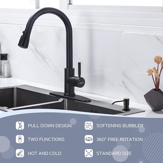 WEWE Kitchen Faucet with Soap Dispenser, 3-Mode Sprayer, Matte Black