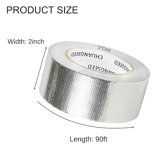 CHUANGSEED Adhesive Aluminum Foil Fiberglass Heat Shield Tape 2in x 90ft, Reflective Material Cool Tape Self-Adhesive for HVAC, Pipe, Auto,High Temp Protection