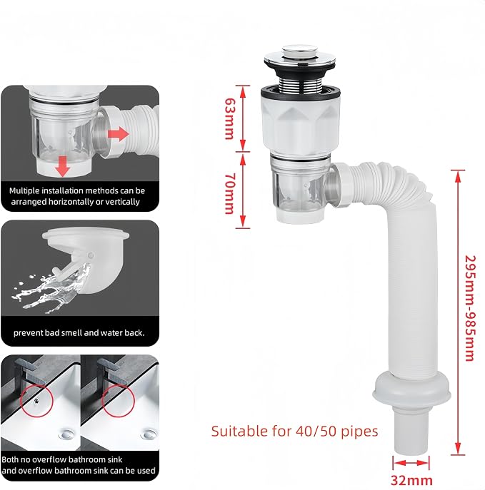 Bathroom Sink Drain Kit with Flexible Expandable P-Trap Sink Drain Pipe Tube Anti-Odor Bathroom Sink Drain Pipe for 1-1/4",1-1/2" and 2'' Drain Hole (Bounce Style)