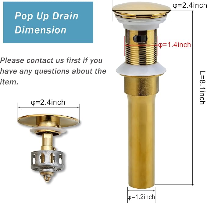 Rockgoya Bathroom Sink Drain, 2 Pack Gold Drain Stopper Bathroom Sink with Overflow, Pop Up Drain Assembly with Detachable Strainer Basket, Built-in Anti-Clogging Strainer,Stainless Steel