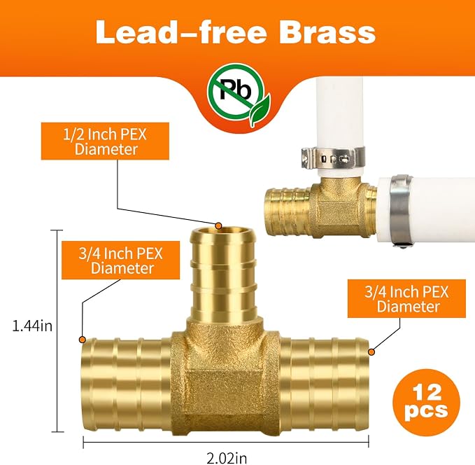 12 Pack 3/4" × 3/4" × 1/2" Brass PEX TEE Fittings | for PEX Pipe in Plumbing Jobs