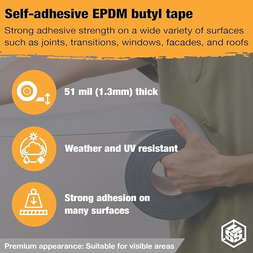 HSS Butyl Sealant Tape 4 Inch x 50 Feet Reinforced EPDM R2+ | 4 in x 50 ft · Black · Reinforced EPDM · Waterproof Butyl Seal Tape for Joints, Roofs, Boats & more · Airtight · Solvent-Free