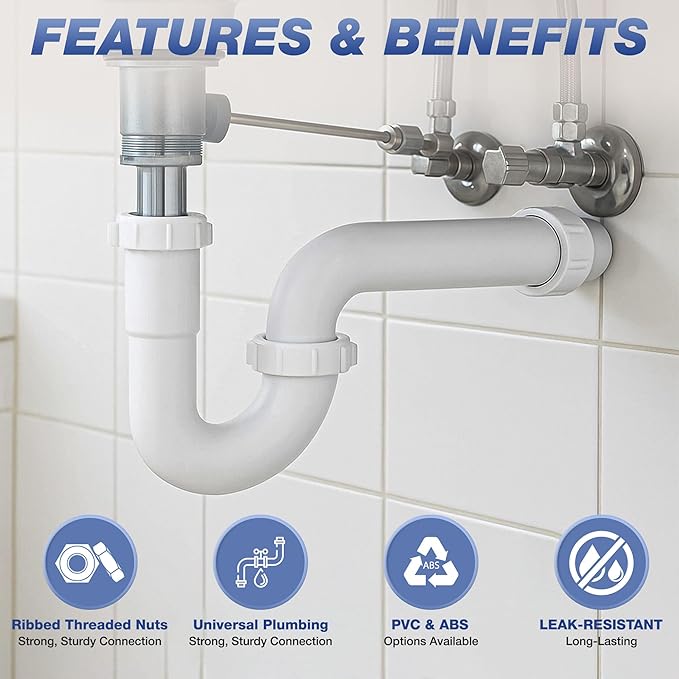 50 Pack 1-1/2 Inch P-Trap Kit, Polypropylene Tubular with PVC Marvel Adapter, Ribbed Threaded Nuts for Strong Leak-Free Connection, Includes J-Bend, Wall Arm & Washers, Made in USA