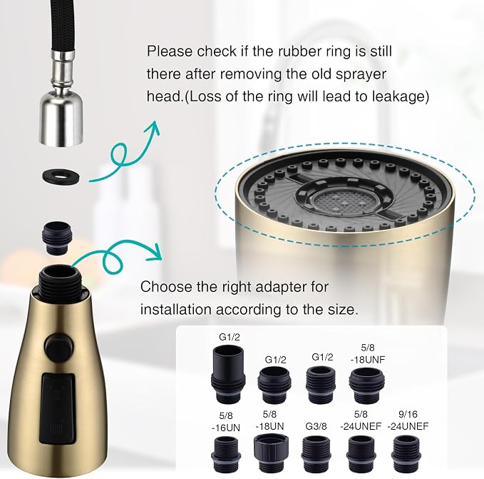 Metal Kitchen Faucet Head Replacement, 3 Functions Kitchen Faucet Head High Pressure, Brushed Gold Pull Down Kitchen Sink Sprayer Replacement with 9 Adapters Compatible with Most Faucets