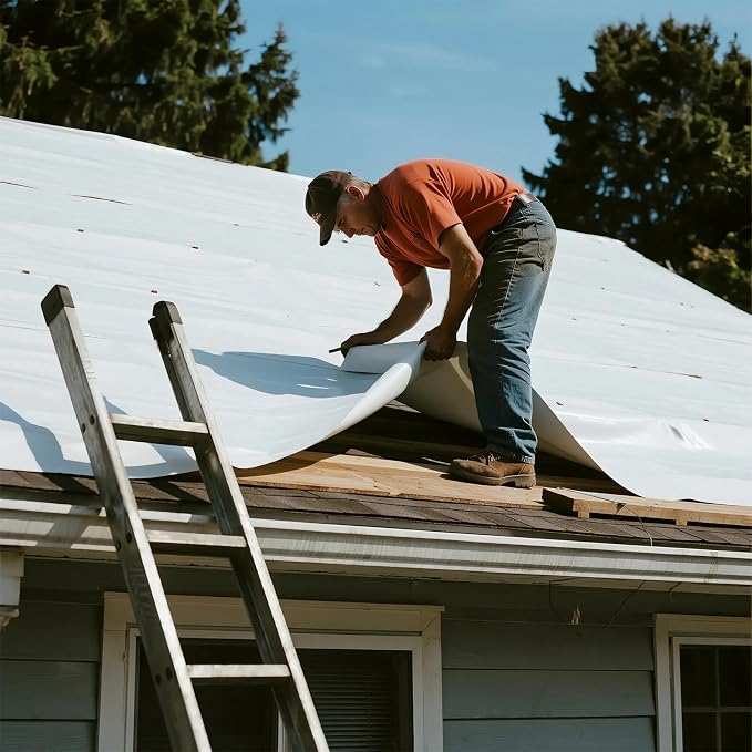Self-Adhesive Roof Tarp | 10’ x 10’ Heavy Duty Roof Tarp with Self Stick Roll Butyl Tape White Multi Purpose Thick UV-Resistant Roof Waterproof Cloth for Leaks, Roof Repairs