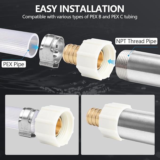 WiseWater 5Pcs PEX Fittings 3/4" x 3/4" FNPT Swivel Adapter, NSF/ANSI 61 Certified for Drinking Water, DZR Brass Fittings with Copper Crimp Rings and Clamps for RV Plumbing, Water Lines