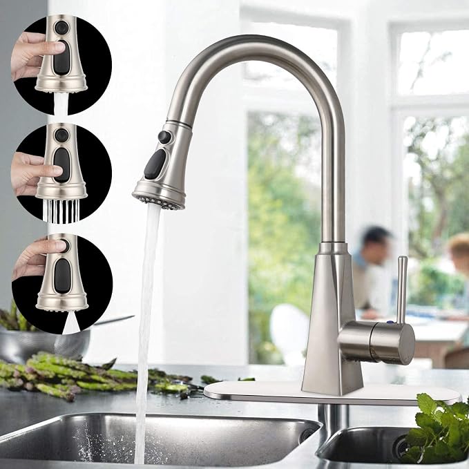 Universal Kitchen Faucet Sprayer Head 3 Modes, 15 Adapters, Brushed Nickel
