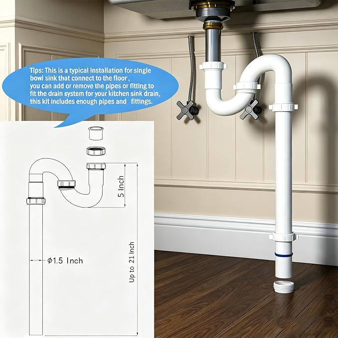 (1 Pack-White) eflyefly 1-1/2 inch Kitchen Sink Drain Kit Include All Necessary Component Replacement Tubular Plumbing