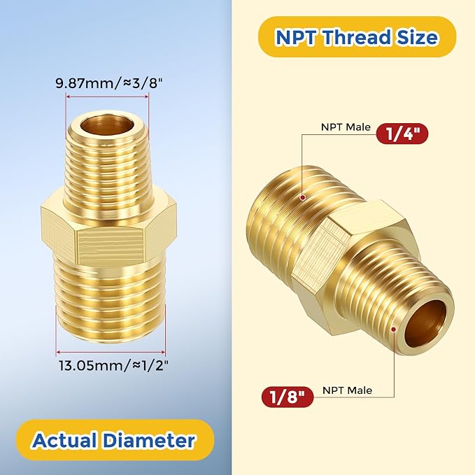 5 Packs Brass Pipe Fittings, 1/4" Male NPT to 1/8" Male NPT | Brass Hex Nipple, Male Pipe Adapter Reducer for Air, Oil, LP