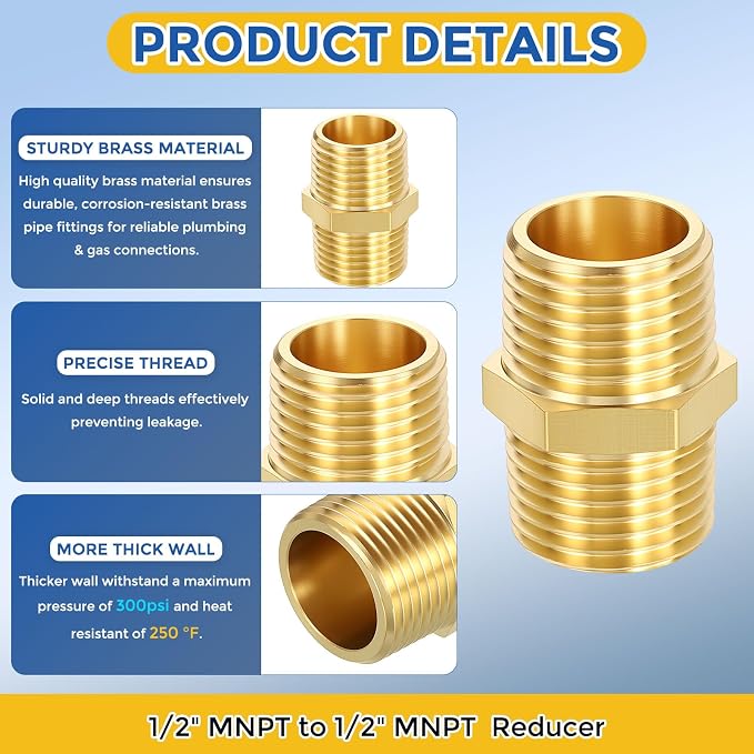 10 Pack Brass Pipe Fittings, 1/2" MNPT to 1/2" Male NPT | Brass Hex Nipple W/ Sealing Tape, Male Pipe Adapter Reducer for Air, Oil, LP, Gas