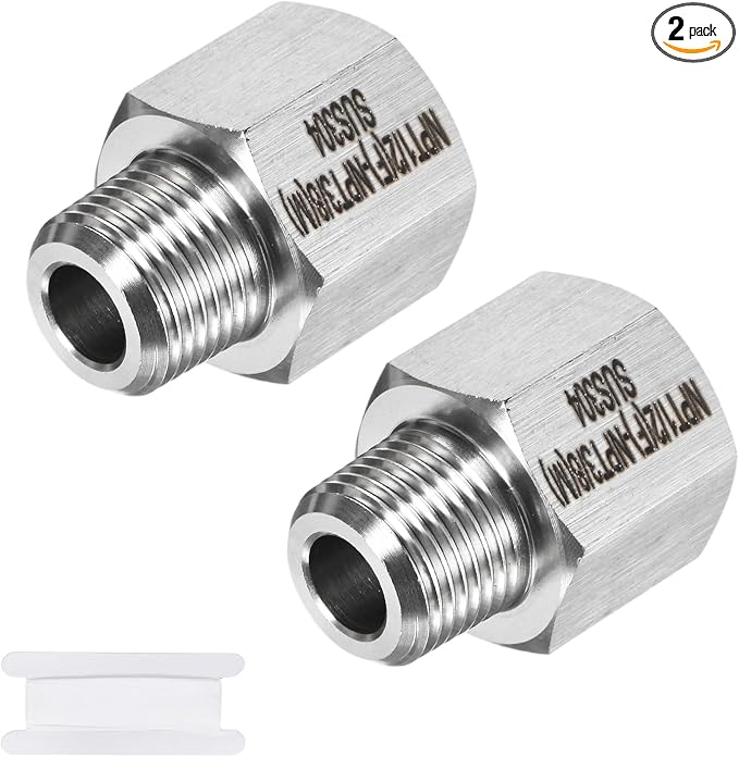 M METERXITY 2-Pack Garden Hose Adapter, Stainless Steel 1/2" NPT Female x 3/8" NPT Male Threaded Connector with Sealing Tape Garden Hose Convert Fitting for Pipe Fitting/Shower
