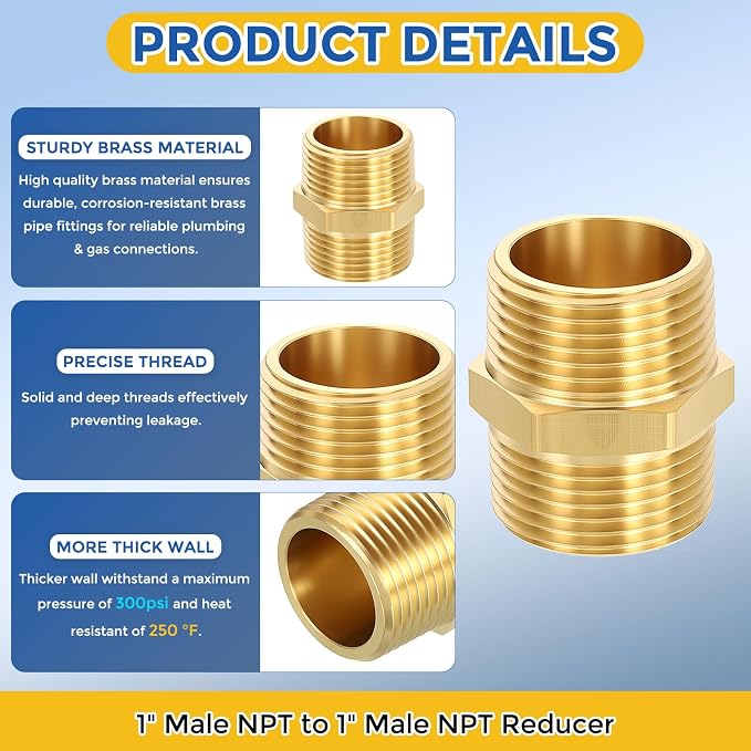 10 Pack Brass Pipe Fittings, 1" Male NPT to 1" Male NPT | Brass Hex Nipple, Male Pipe Adapter Reducer for Air, Oil, LP