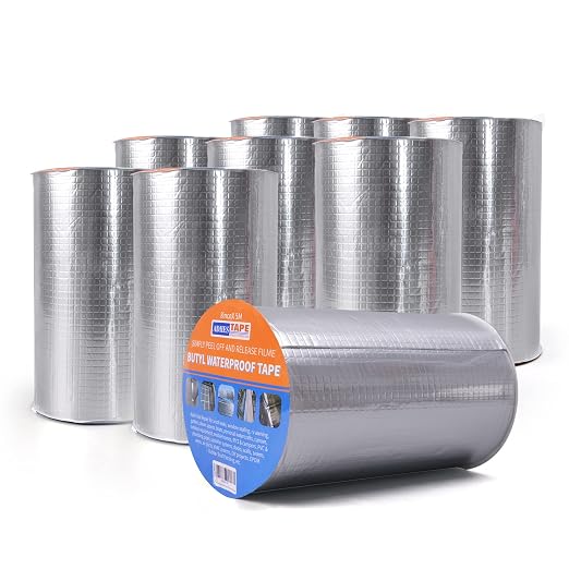 ADHES Butyl Tape Waterproof Tape Aluminum Foil Tape 8in x 16ft x 9 Rolls | Sealant Tape for RV Repair, Window, Boat and Pipe Sealing, Glass & EDPM Rubber Roof Patching(Model:RA100-1,Glue Color:White)