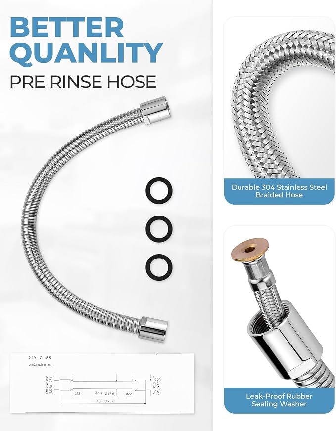 18.5" Commercial Sink Faucet Sprayer Hose, Pre-rinse Sprayer Hose for Commercial Kitchen Sink Faucet, 18.5 Inch Stainless Steel Flexible Hose Replacement Kit for Restaurant Industrial Dishwasher