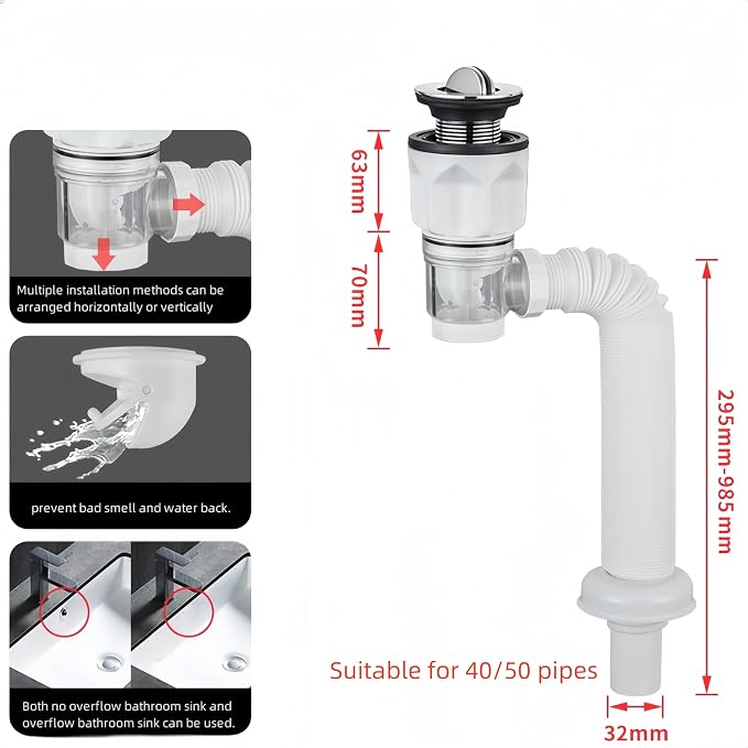 Bathroom Sink Drain Kit with Flexible Expandable P-Trap Sink Drain Pipe Tube Anti-Odor Bathroom Sink Drain Pipe for 1-1/4",1-1/2" and 2'' Drain Hole (Flip Style)
