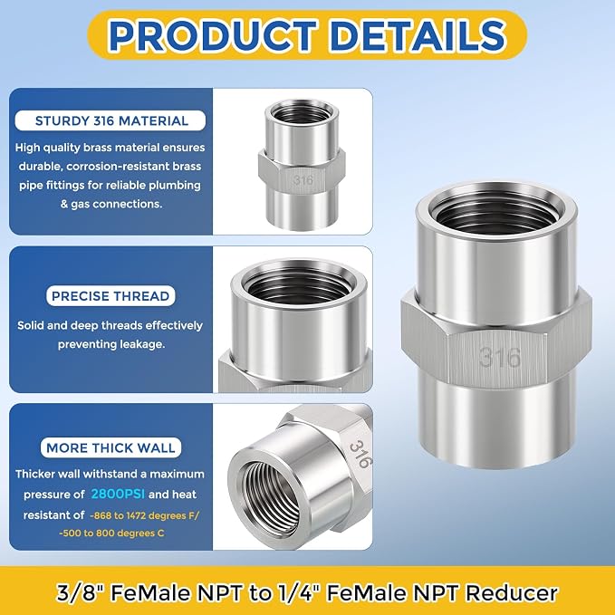 5Pack 3/8" FeMale NPT to 1/4" FeMale NPT 316 Stainless Steel Coupling | 316 Stainless Steel Pipe Fittings, Coupler Hex Head Connector with Sealing Tape for Air, Oil, LP, Gas, Fuel, Water