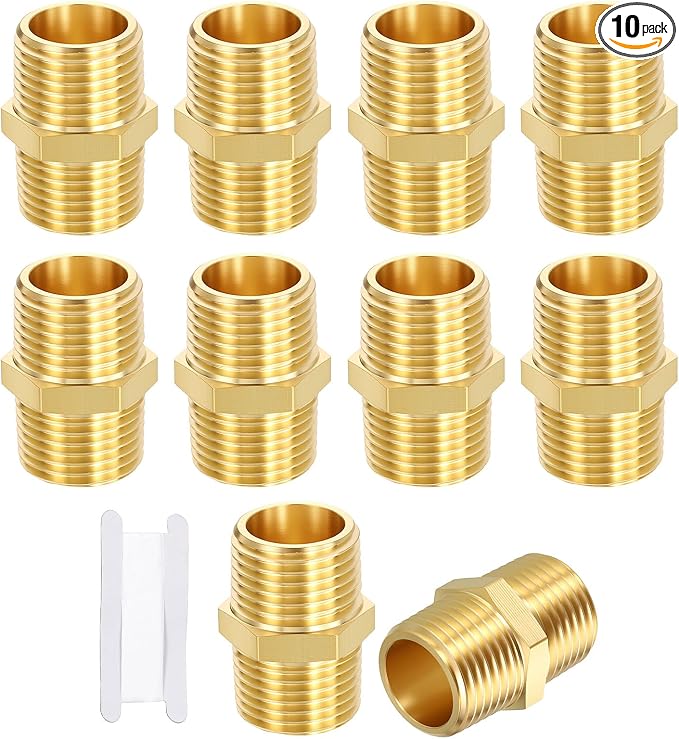 10 Pack Brass Pipe Fittings, 1/2" MNPT to 1/2" Male NPT | Brass Hex Nipple W/ Sealing Tape, Male Pipe Adapter Reducer for Air, Oil, LP, Gas