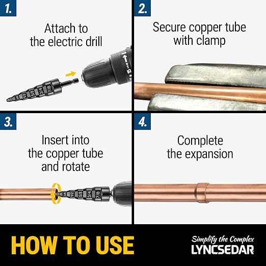 6-in-1 Copper Swedge Tool HVAC, Black Soft Tube Expander, Carbon Steel, Bit Holder, No.8 Flat Carabiner, Swaging Tool Set for Drill, Swage Repair Kit for 1/4 3/8 1/2 5/8 3/4 7/8 Pipe