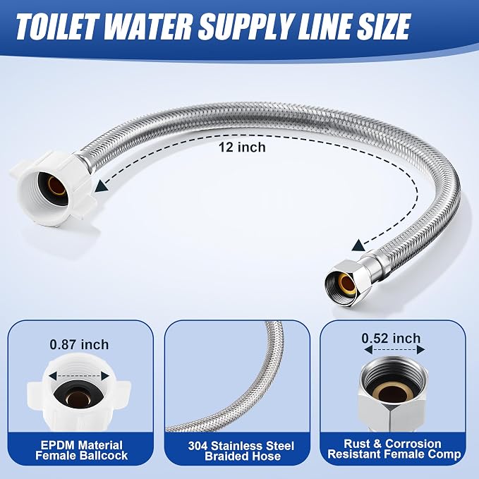 Toilet Shut Off Valve 1/2" PTC x 3/8" OD Compression 12" Supply Line kit | Complete Toilet Connector Water Line Kit with 12'' L 3/8" COMP x 7/8" OD Toilet Supply Line,Escutcheon Plate,Disconnect Clip