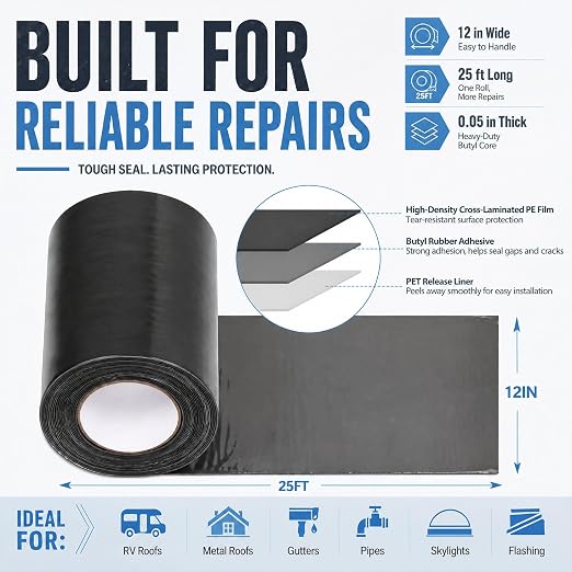 12" X 25' Roof Repair Tape, PE Waterproof Butyl Tape, 10-15yr Lifespan | Heavy Duty Roof Patch, Self Adhesive Weatherproof Flashing Tape Membrane, UV Resistant for Roof RV Pool Boat Pipe, 0.05"Thick