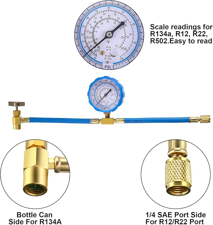Mudder 2 Pack BPV31 Piercing Tap Valve Kits Compatible with 1/4, 5/16, 3/8 Inch Outer Diameter Pipes and R134A Air Conditioning Refrigerant Charging Hose with Gauge, Connect to R12/ R22 Port Only