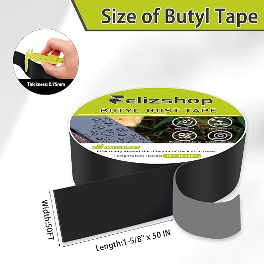 Butyl Tape, Joist Tape for Decking, 1 5/8" x 50' Deck Joist Tape Anti-Corrosion Butyl Sealant Tape Protect Your Deck Structure, Beams（4 Rolls）