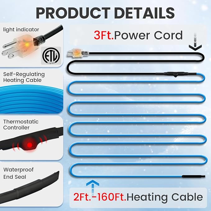 MAXKOSKO 24ft Self Regulating Heat Tape for Water Pipes Heating Cable | Heat Trace Cable with Thermostat Keeps Water Flowing at -40°F, Freeze Protection for Metal & Plastic Pipes,120V 5W/ft