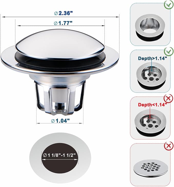 WELSAN Chrome Plated Bathroom Sink Drain Stopper 1 1/8"-1 1/2" Bath Drain