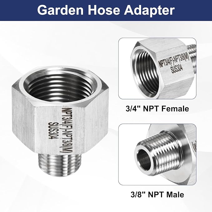 M METERXITY 2-Pack Garden Hose Adapter, Stainless Steel 3/4" NPT Female x 3/8" NPT Male Threaded Connector with Sealing Tape Garden Hose Convert Fitting for Pipe Fitting/Shower