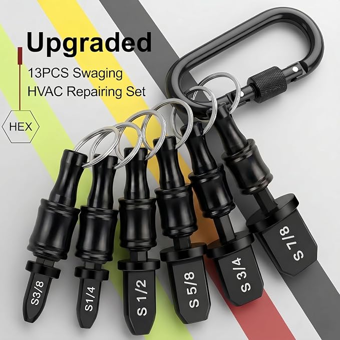 13PCS Swage Tool HVAC Repairing Set with Bit Holders, Hvac Gifts, Air Conditioner Copper Tube Expander Swaging Tool Drill Bit Copper Pipe Swage 1/4'', 3/8'',1/2'',5/8'',3/4'',7/8'' (Black)
