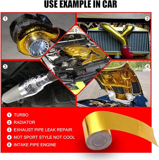 Sporacingrts 2" x 65.6ft Gold Heat Shield Reflective Tape Roll | 2" x 65.6ft gold adhesive heat shield tape for car intake pipes, engine bays and other high-heat applications.