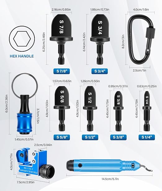 Swaging Tool HVAC Repairing Set with Bit Holder, Portable Copper Tube Pipe Cutter Deburring Tool Kit, Air Conditioner Swage Tools Drill Bit 1/4'' 3/8'' 1/2'' 5/8'' 3/4'' 7/8''