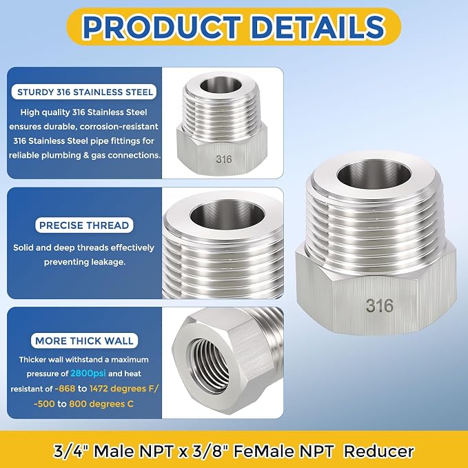 2 Pack SUS316 3/4" Male NPT to 3/8" FeMale NPT Hex Bushing Reducer | 316 Stainless Steel Pipe Fittings, Hose Tube Threaded Adapters with Sealing Tape for Air, Oil, LP, Gas, Fuel, Water