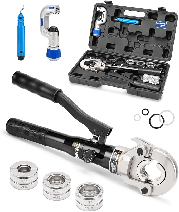 Hydraulic Copper Tube Fittings 1/2, 3/4, 1" Press Crimping Tool Kit Pex Pipe Crimper Pressing Pliers Stainless PEX Press Sleeves for Copper Pipe (Black, AL-1632-VUS)