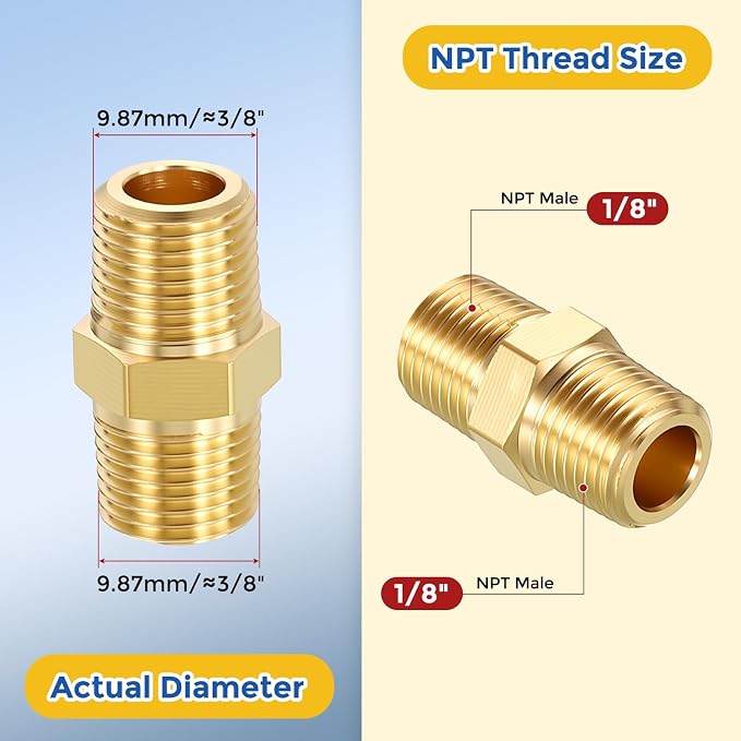 4 Pack Brass Pipe Fittings, 1/8" NPT Male to 1/8" NPT Male | Brass Hex Nipple, Male Pipe Adapter Reducer for Air, Oil, LP