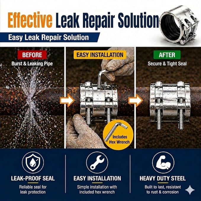 Pipe Repair Clamp，5 inch(138mm-144mm) Stainless Steel Leak Sealer, Heavy Duty Pipe Leak Repair Kit for Metal & PVC Pipes, for Burst & Crack Water Pipe Emergency Maintenance